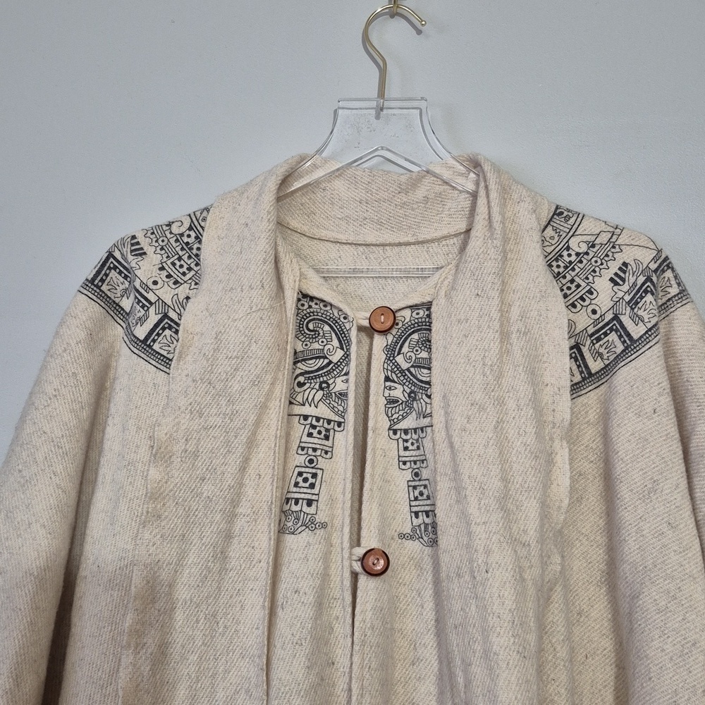 Vintage Cream Aztec Print Wool Fringe Poncho Cape One Size Festival Boho Western - Picture 3 of 10